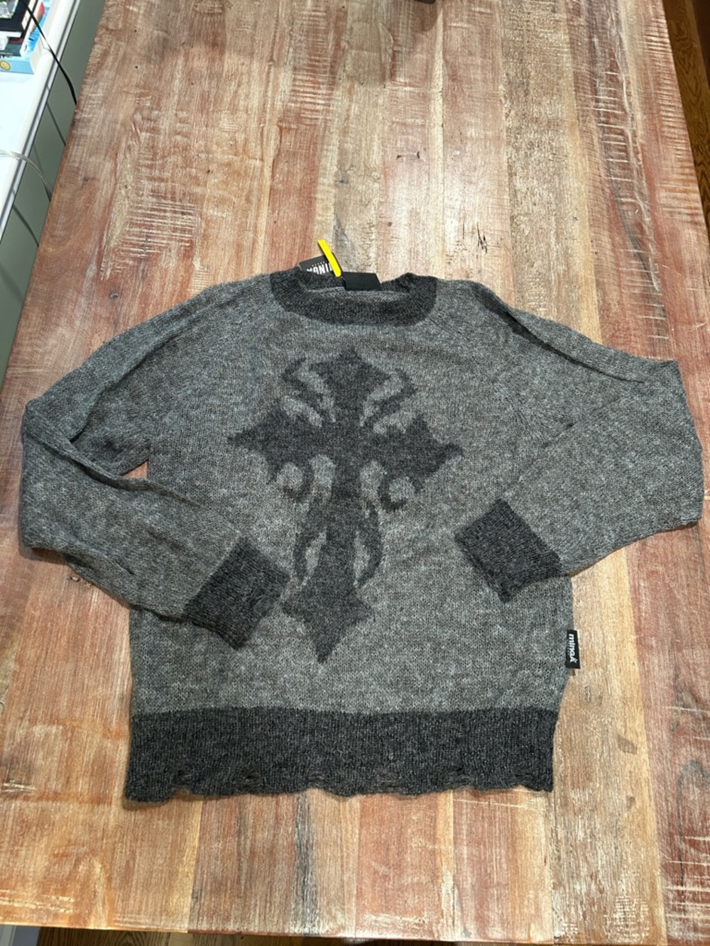 Minga London NWT Gray Crossfade Crewneck Sweater with Gothic Cross
